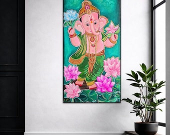 May include: A vertical painting of the deity Ganesha with pink skin, wearing a green dhoti and gold jewelry. Ganesha holds a blue lotus in one hand and a pink lotus in the other, standing amidst several large, vibrant pink lotus flowers on a green background.