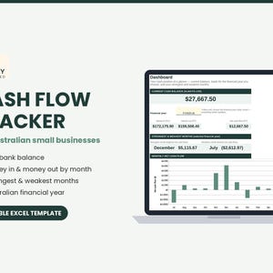 May include: A digital cash flow tracker Excel template for Australian small businesses. The screen displays a dashboard with a current balance of $27,667.50, financial year data, and a monthly net cash flow bar chart. Text includes Simply Calculated.