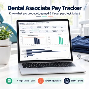 Puede incluir: Un ordenador portátil que muestra un panel de control Dental Associate Pay Tracker con datos financieros, gráficos y diagramas. La pantalla muestra texto que incluye Dental Associate Pay Tracker, Know what you produced, earned & if your paycheck is right, y Google Sheets + Excel, Instant Download, Blank + Demo.