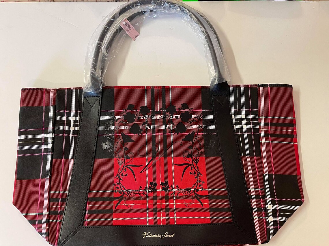 Victoria Secret Carry all tote red black white plaid Free | Etsy