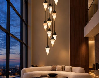 Natural Marble Pendant Light Sculptural Stone Chandelier for High Ceiling Living Room Kitchen Island