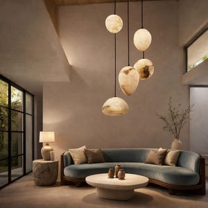 May include: A multi-pendant light fixture with five glowing, organic-shaped stone shades suspended at varying heights. The fixture features warm, translucent, cream and brown marbled textures, hanging above a curved blue sofa and a low stone coffee table.