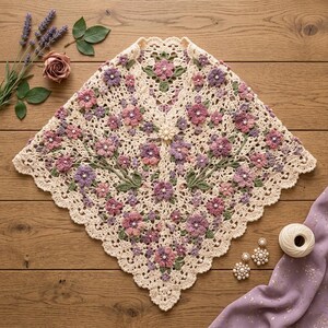 Floral Crochet Shawl Pattern PDF, 3D Flower Triangle Wrap, Wedding Bridal Accessory