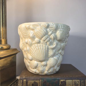 May include: A cream-colored ceramic planter featuring a raised, textured relief pattern of various seashells, including scallops, conchs, and spiral shells, covering the entire exterior surface of the cylindrical vessel.