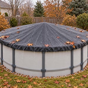 May include: A round above-ground swimming pool featuring a dark gray, conical, waterproof cover. The cover is textured with radial seams, wet with rain droplets, and scattered with fallen orange and brown autumn maple leaves.