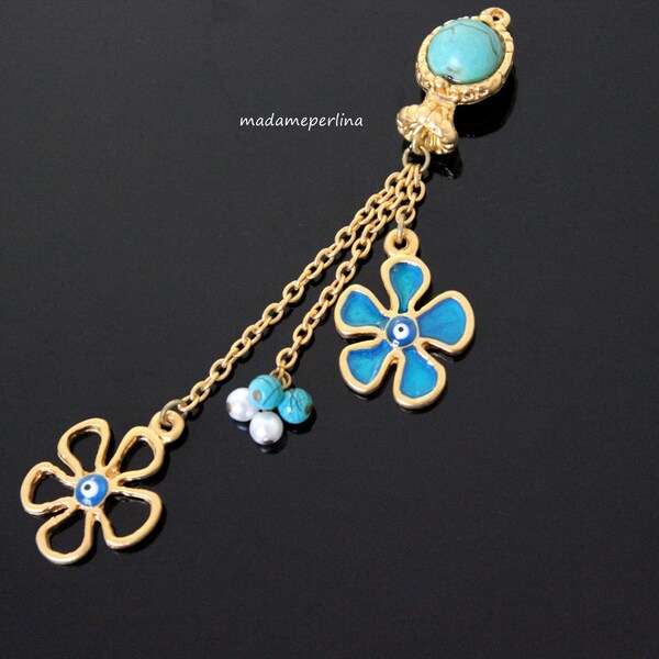 1   Evil eye flower pendant enameled beaded chain dangle good luck pendants turquoise blue 24k matte gold turkis findings mdla960D