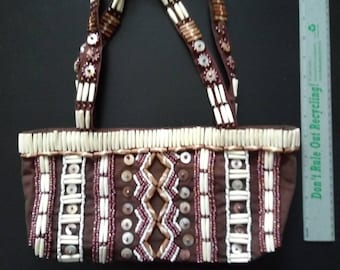 Tribal Look Handbag, Abalone, Urchin Spine, Bone and Beadwork Two Handled Bag, Evening Totebag with snap, inside zipper pocket