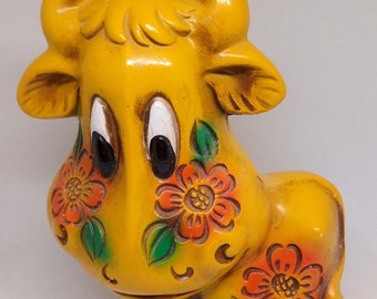 Yellow Chalkware Cow Bank, Groovey 70s Vibe Bovine Coin Holder, Side Show Prize, Free US Shipping