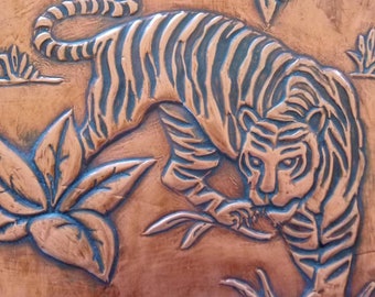 Copper Repousse of Tiger in Jungle, 1950's Copper Sculpture on Wood Panel, Framed Copper Folk Art