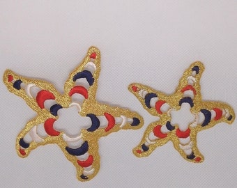 Red White & Blue Patriotic Starfish, Iron On Applique Sealife Stars, Gold Sparkle Edges, Two Sizes