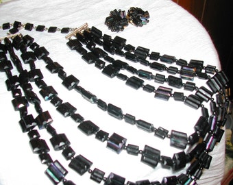 Vintage Costume Jewelry Licorice Beads, 4 Strand Black Borealis Necklace, Necklace with Earrings