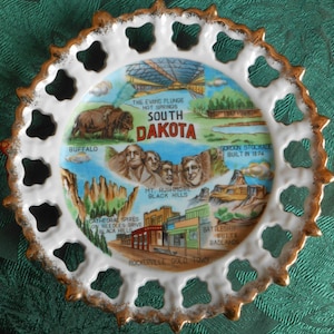 Souvenir Plate South Dakota Black Hills Gilded Cutwork, Sightseers Keepsake, Travelers Memento
