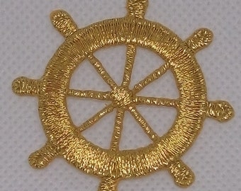 Sparkling Gold Embroidery Shipwheel Iron-On Appliques, Nautical Design for Decoration