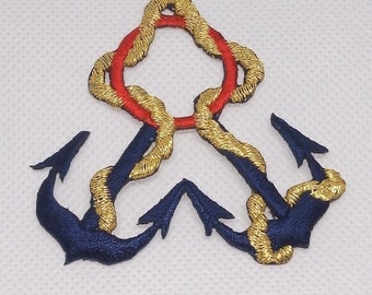 Delicate Double Navy Blue Anchors Red Lifering Gold Rope Embroidered Iron-On Applique Free US Shipping