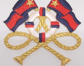Nautical Applique Navy and Red Banners Gold Rope Lifering Iron On Preppy Yachting