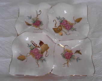 Ceramic Dresser Valet, Porcelain Pink Hankie Candy Dish, Gift for Young Girl, Catch-All, Vanity Valet, Gold Leaf Roses