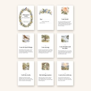 May include: A set of nine rectangular affirmation cards for a grandson, featuring watercolor illustrations of birds, flowers, trees, and landscapes. Each card displays a numbered affirmation, such as I am loved, I can do hard things, and I carry love with me, printed in black text on a white background.