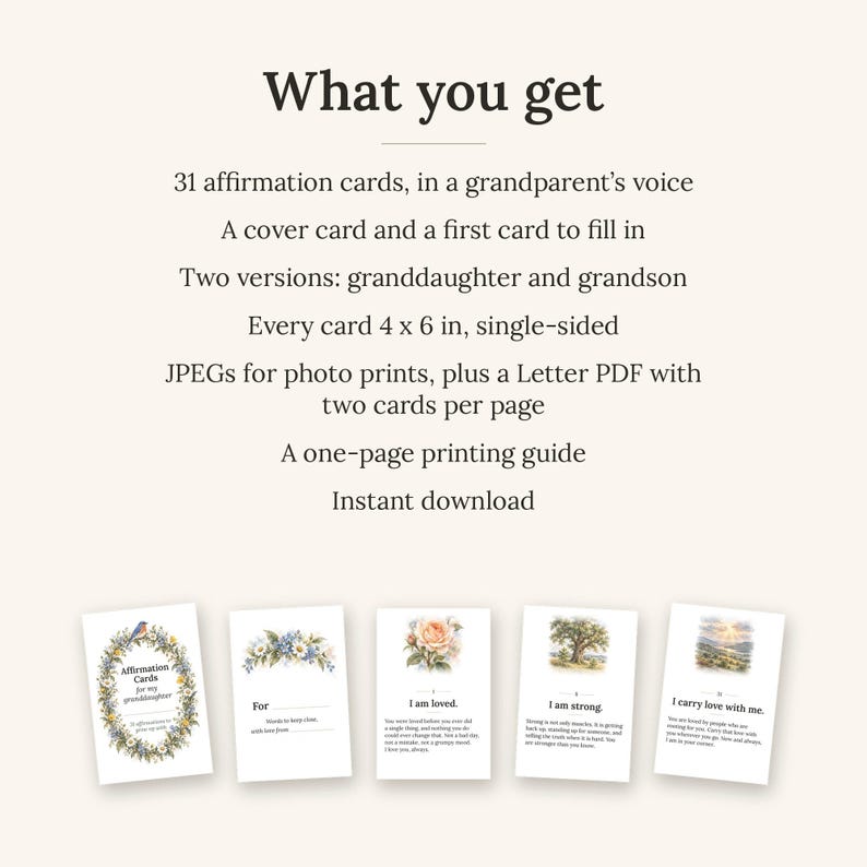 May include: A set of 31 affirmation cards in a grandparent's voice, including a cover card and a fill-in card. Each card measures 4 x 6 inches. The text lists 31 cards, two versions for granddaughter and grandson, JPEGs, a Letter PDF, and a printing guide.
