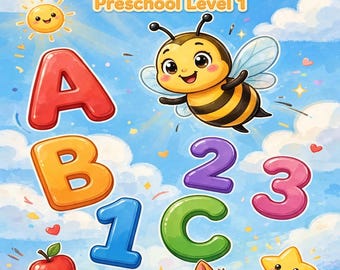 May include: Educational poster titled Meet Letters & Numbers Preschool Level 1 featuring a cartoon bee, a cat, a red apple, a colorful ball, a yellow star, and large, glossy, multi-colored letters and numbers against a blue sky background.
