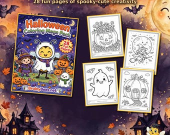May include: A Halloween coloring book titled Halloween Coloring Mega Pack with 28 fun pages. The cover features a bee in a ghost costume, a witch, and pumpkins. Four sample pages show line art of a jack-o'-lantern, a witch, a ghost, and a pumpkin house.