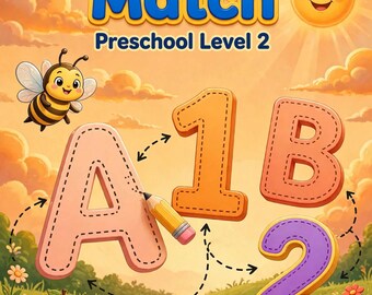 May include: Educational activity sheet titled Trace & Match Preschool Level 2 featuring a yellow pencil tracing the letter A, alongside the number 1, letter B, and number 2. Includes a bee, cat, apple, ball, and star on a grassy field.