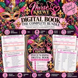 May include: A digital book bundle titled The Nurse Krewe featuring a Mardi Gras mask and stethoscope graphic. Includes psych nurse report sheets, assessment sheets, and quick reference guides with pink and gold accents on a dark background.