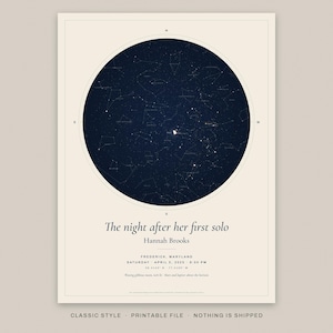 May include: A rectangular star map print on a cream background featuring a circular dark blue night sky with constellations. Text reads: The night after her first solo, Hannah Brooks, Frederick, Maryland, Saturday, April 5, 2025, 8:00 PM.