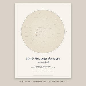 Könnte beinhalten: Ein rechteckiger Sternenkarten-Druck auf elfenbeinfarbenem Hintergrund mit einer kreisförmigen Himmelskarte und Himmelsrichtungen. Der Text lautet: Mrs & Mrs, under these stars, Hannah & Leigh, Providence, Rhode Island, Saturday, December 14, 2024, 8:30 PM.