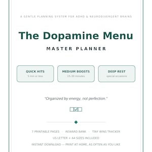 May include: A white digital planner page titled The Dopamine Menu Master Planner with dark green text. It includes sections for Quick Hits, Medium Boosts, and Deep Rest, plus the text Organized by energy, not perfection, 7 printable pages, and US Letter + A4 sizes.