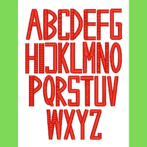 May include: Red embroidered alphabet letters A through Z in a bold, blocky font style.