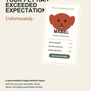 May include: A digital document titled Annual Performance Review for a pet named Mabel. It features a brown dog illustration, performance ratings for Snack Acquisition, Boundary Awareness, and Meeting Attendance, and a status button labeled RETAINED.