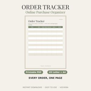 Könnte beinhalten: Ein Bestell-Tracker als druckbares PDF-Formular mit einer Tabelle, die Spalten für Artikel, Geschäft, Bestelldatum, Betrag, Status und Notizen enthält. Das Dokument zeigt den Text Order Tracker sowie die Angaben US Letter + A4.