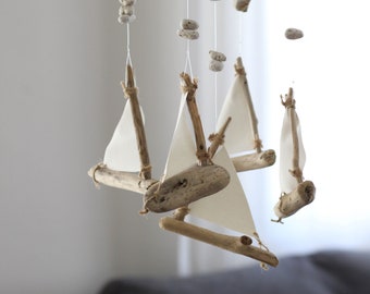 Driftwood Sailboats Mobile with Natural Pumice Stones -- Nautical Home Decoration -- Sea / Coastal Themed Nursery -- Ready to ship