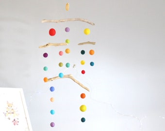 Driftwood Kinetic Mobile with Colorful Felt Poms -- Long Ceiling Mobile -- Gender Neutral Baby Nursery -- Made to Order