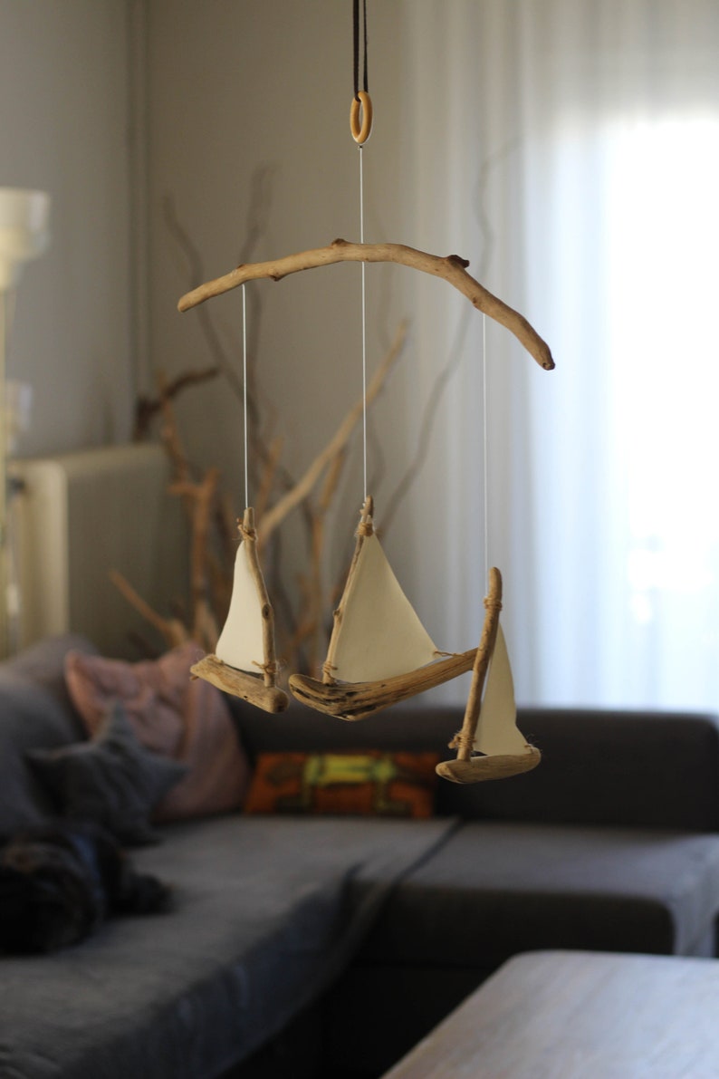 Driftwood Sailboats Mobile Wooden Ships Nautical Nursery Decor Patio / Balcony / Hotel Interior Design Made to Order image 2