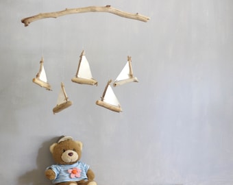 Driftwood Sailboats Mobile -- Wooden Ships -- Nautical Nursery Decor -- Patio / Balcony / Garden Interior Design -- Made to Order