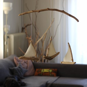 Driftwood Sailboats Mobile Wooden Ships Nautical Nursery Decor Patio / Balcony / Hotel Interior Design Made to Order image 3