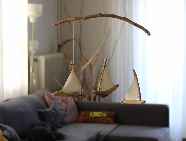 Driftwood Sailboats Mobile Wooden Ships Nautical Nursery Decor Patio / Balcony / Hotel Interior Design Made to Order image 3