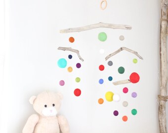 Driftwood and Felt Balls Mobile For Gender Neutral Nursery -- Kinetic Baby Mobile Felt Balls from 2.5 to 4 cm (1" to 1.6") -- Made to Order