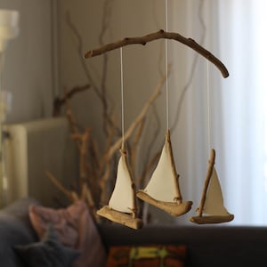 Driftwood Sailboats Mobile Wooden Ships Nautical Nursery Decor Patio / Balcony / Hotel Interior Design Made to Order image 4