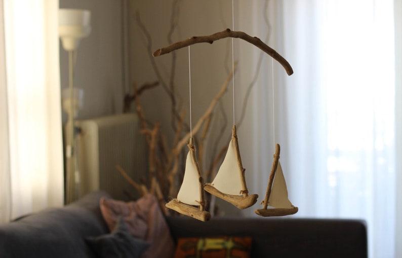 Driftwood Sailboats Mobile Wooden Ships Nautical Nursery Decor Patio / Balcony / Hotel Interior Design Made to Order image 4