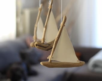 Driftwood Sailboats Mobile -- Wooden Ships -- Nautical Nursery Decor -- Patio / Balcony / Hotel Interior Design -- Made to Order