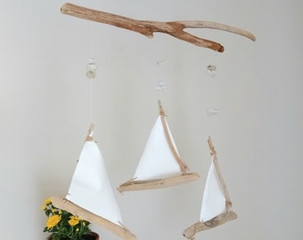 Driftwood Ships Mobile with Natural Pumice Stones -- Wooden Sailboats Mobile -- Nautical Nursery Decor -- Ready to Ship