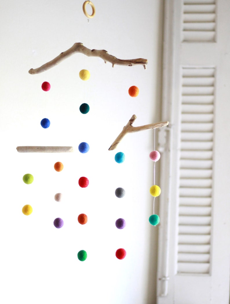 Felt Balls Kinetic Mobile With Driftwood Colorful Felt Poms Etsy