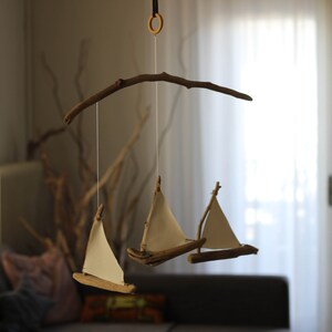 Driftwood Sailboats Mobile Wooden Ships Nautical Nursery Decor Patio / Balcony / Hotel Interior Design Made to Order image 5