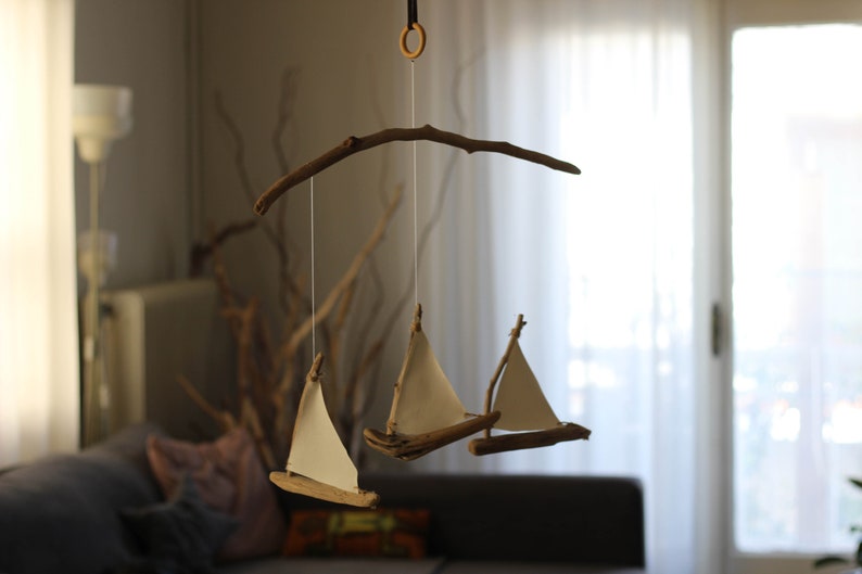 Driftwood Sailboats Mobile Wooden Ships Nautical Nursery Decor Patio / Balcony / Hotel Interior Design Made to Order image 5