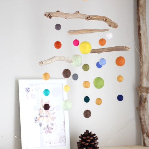 Driftwood and Felt Balls Mobile -- Kinetic Baby Mobile with Colorful Puffed Balls -- Neutral Gender Nursery -- Ready to ship