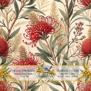 Può includere: Un motivo digitale senza cuciture con illustrazioni botaniche di fiori di banksia rossi e foglie verdi su sfondo crema. Il testo recita: DIGITAL DOWNLOAD, ORIGINAL HAND-DRAWN ARTWORK, SEAMLESS PATTERN, 300 DPI, PNG, 25,4 cm x 25,4 cm.