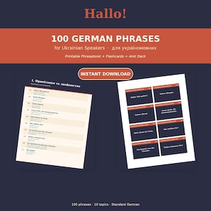 Może przedstawiać: Cyfrowy materiał do nauki języka zatytułowany 100 GERMAN PHRASES for Ukrainian Speakers. Zawiera stronę z rozmówkami do druku z numerowanymi listami oraz arkusz ciemnoniebieskich fiszek z białym tekstem, takimi jak Hallo! Wie geht's?
