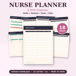 Op de afbeelding: Een verzameling van 18 pagina's voor een verpleegkundige planner en dienstorganisator met donkerblauwe koppen op crèmekleurig papier. De pagina's bevatten sjablonen voor roosters, patiëntentaken en medicatielogboeken.